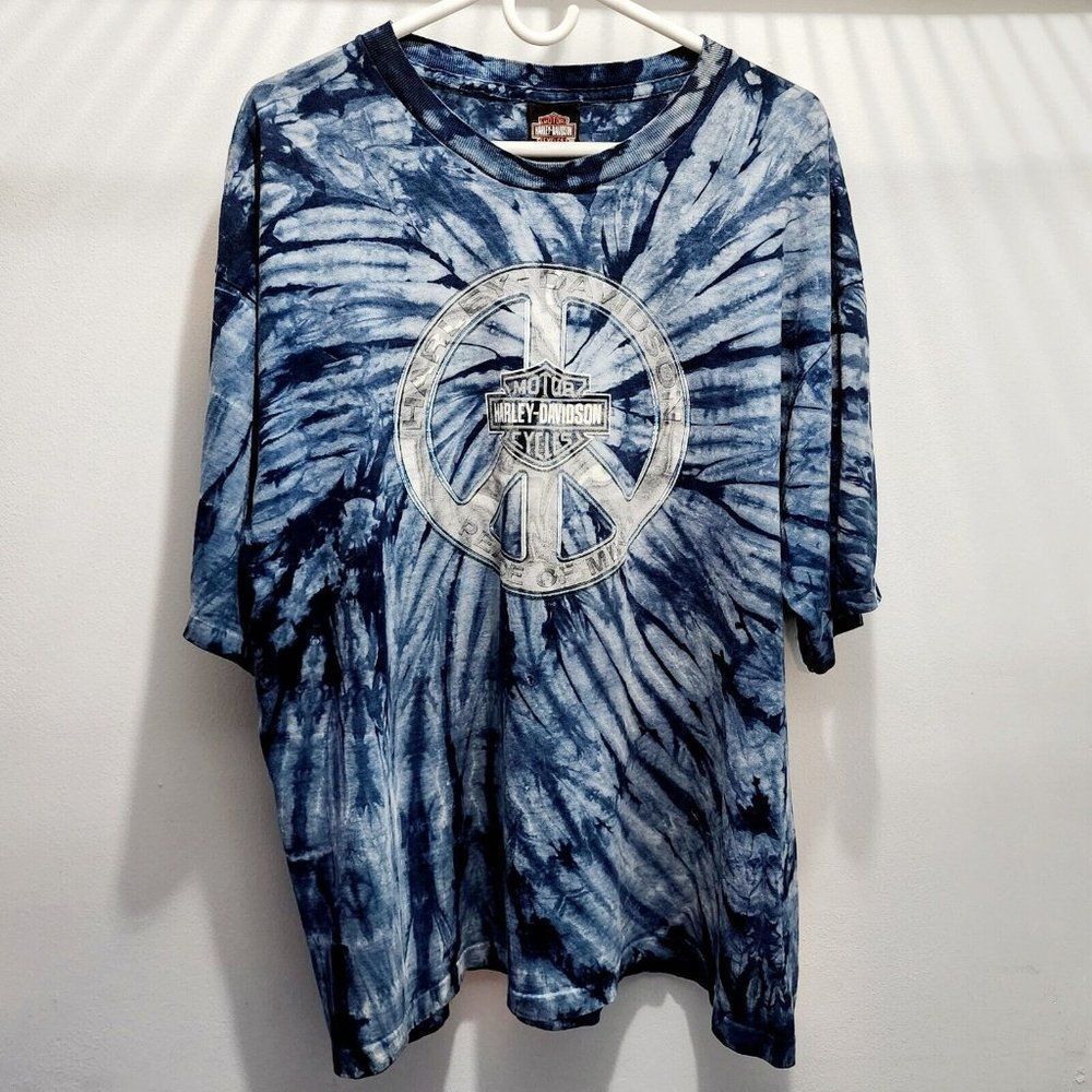 Harley Davidson Vintage Single‎ Stitch Tie Dye Hippy Shirt Blue USA Made Size XL